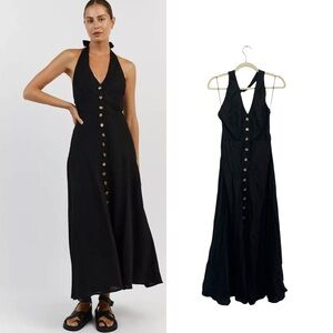 DISSH Black Halter Midi Dress with Front Buttons